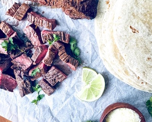 Skirt steak sliced for tacos.
