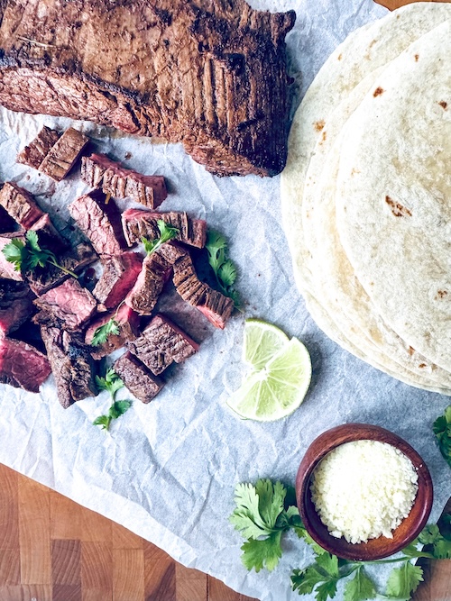 Skirt steak sliced for tacos.
