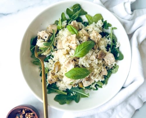 Italia chicken and rice with fresh basil.