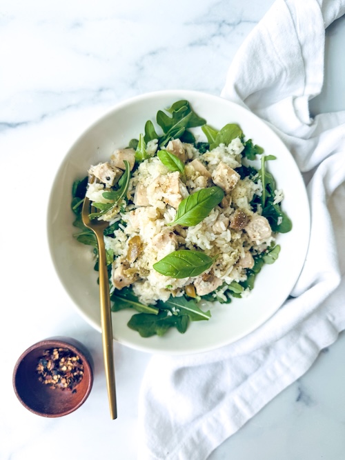 Italia chicken and rice with fresh basil.