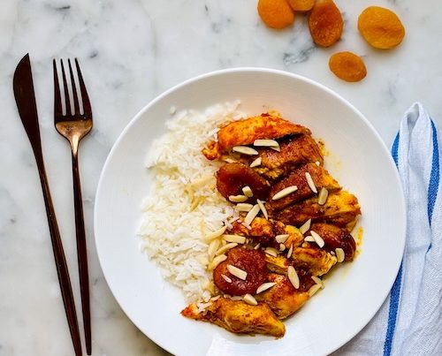 Apricot chicken with rice.