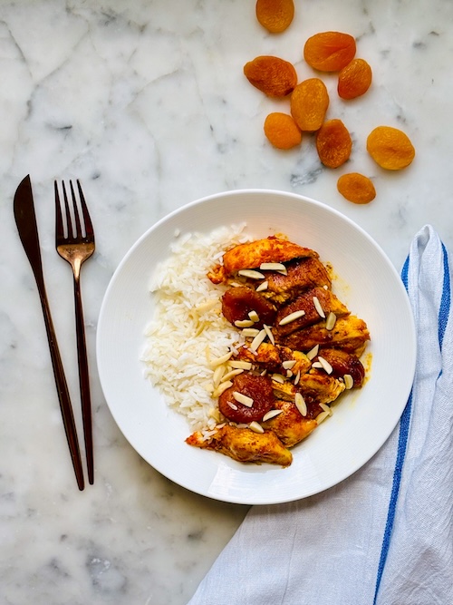 Apricot chicken with rice.