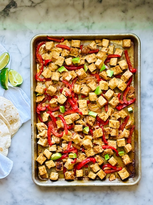 A sheet pan of tofu and fajita veggies.
