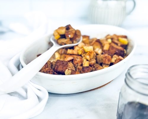 Apple cinnamon French toast casserole in a dish.