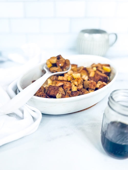 Apple cinnamon French toast casserole in a dish.