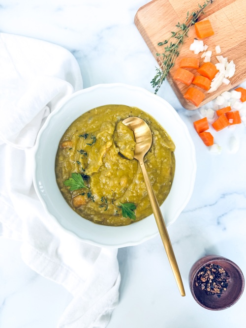 A bowl of split pea soup.