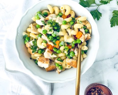 Turkey pot pie pasta in a bowl.