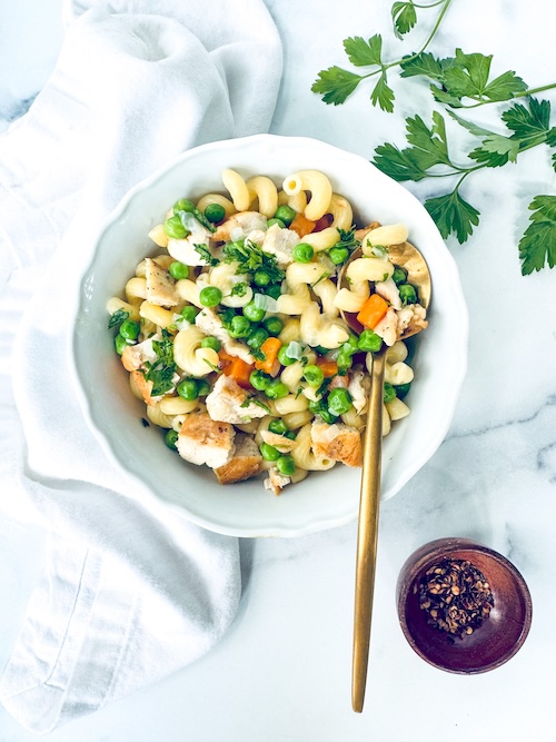 Turkey pot pie pasta in a bowl.