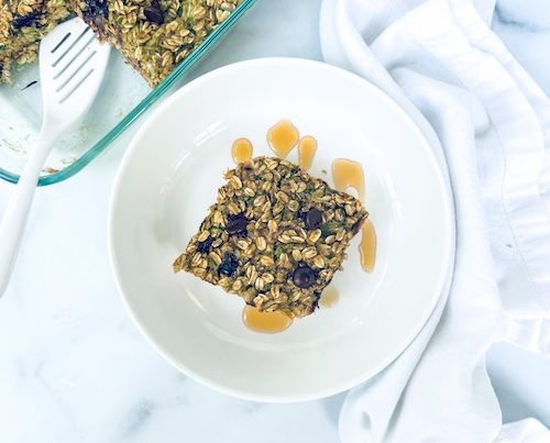 Slice of banana zucchini baked oatmeal.