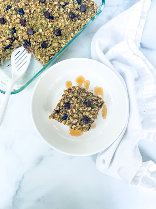 Slice of banana zucchini baked oatmeal.