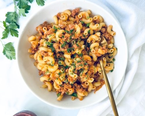 A bowl of healthier hamburger helper.