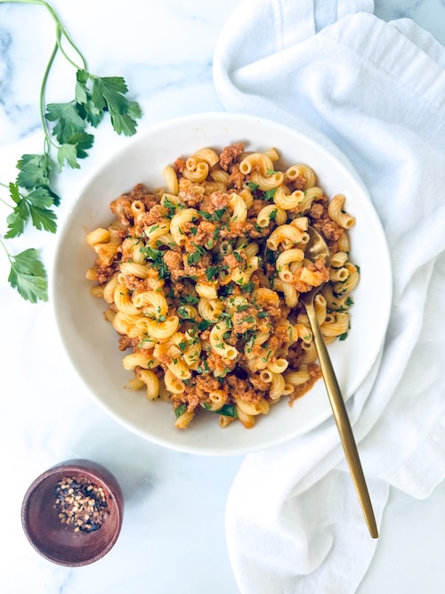 A bowl of healthier hamburger helper.