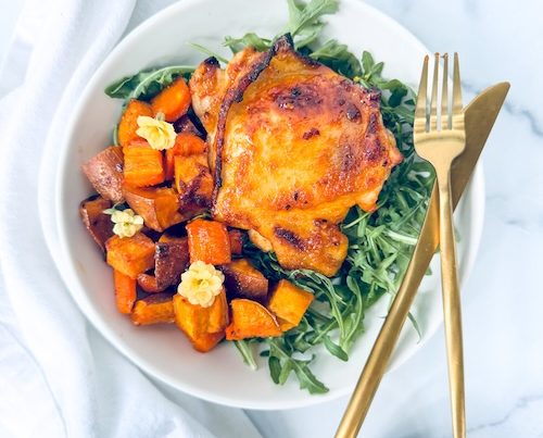 Hot honey chicken with root veggies.