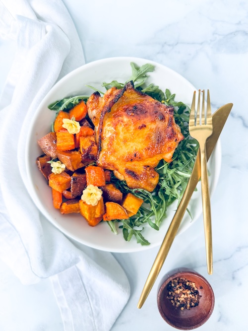 Hot honey chicken with root veggies.