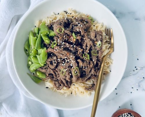 A bowl of Korean BBQ beef over rice.