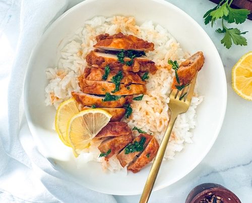Middle eastern lemon chicken over rice.
