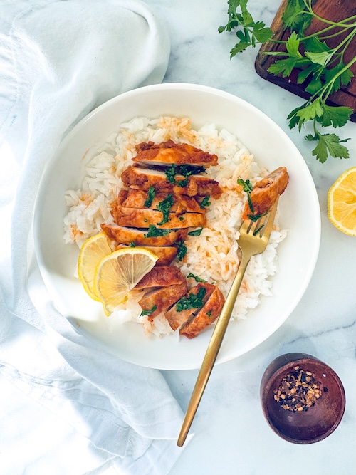 Middle eastern lemon chicken over rice.