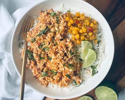 Vegan Chipotle sofritas copycat over rice.
