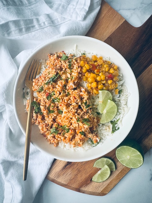 Vegan Chipotle sofritas copycat over rice.