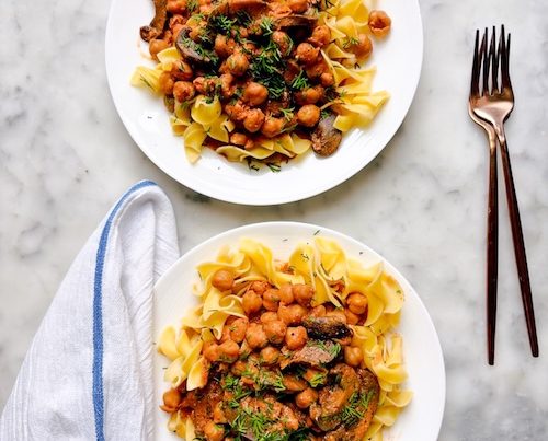 Two plates of chickpea stroganoff.