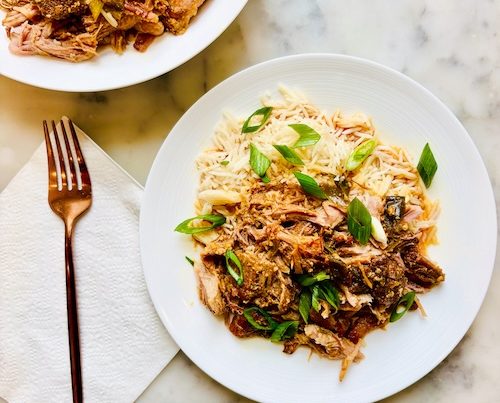 Jalapeno pulled pork with green onions.