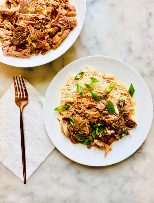 Jalapeno pulled pork with green onions.