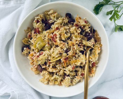 Bowl of vegetarian pesto fried rice.
