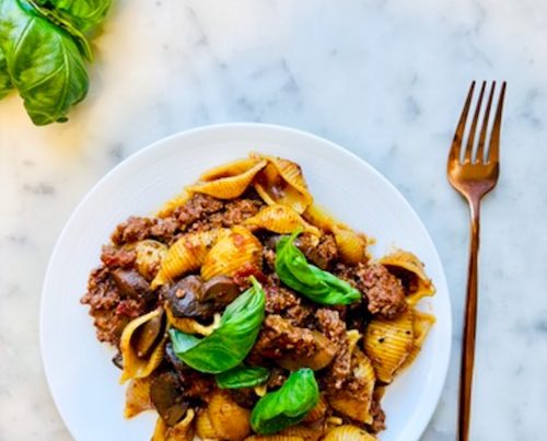 Beef and mushroom ragu on a plate.
