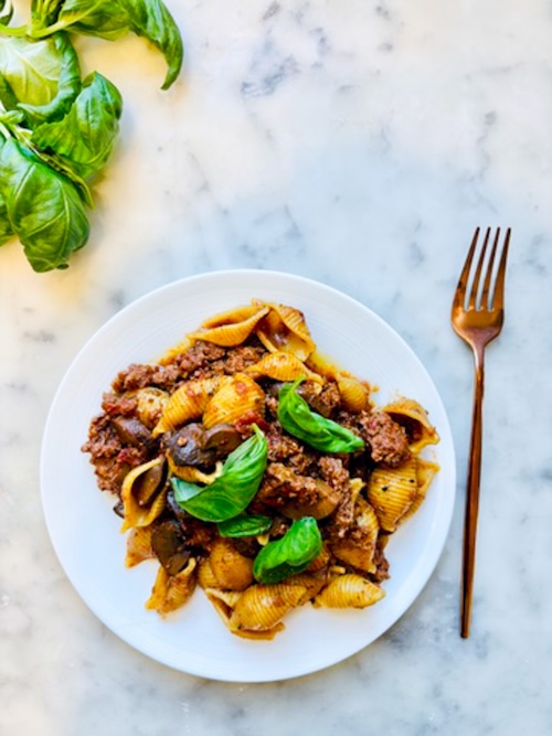 Beef and mushroom ragu on a plate.