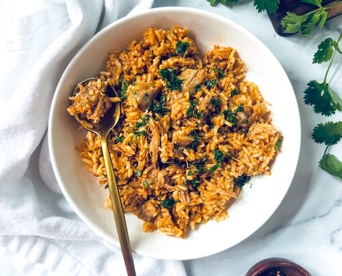 Shredded chicken and Mexican rice.