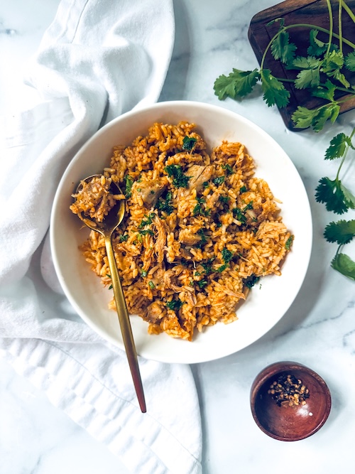 Shredded chicken and Mexican rice.