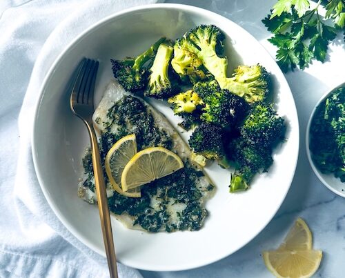 Flounder with a side of broccoli.