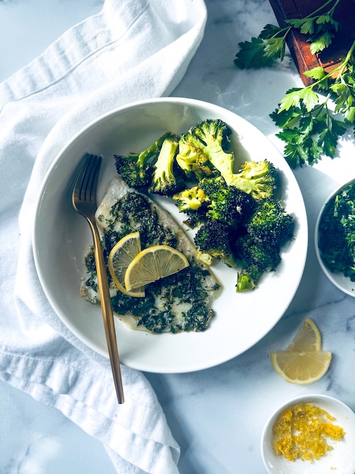 Flounder with a side of broccoli.