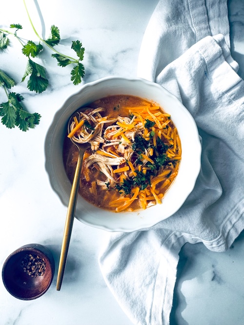 Bowl of Keto chicken taco soup.