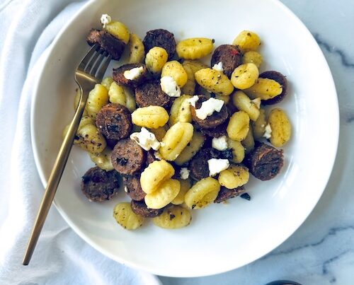 Sheet pan Greek chicken sausage and gnocchi.