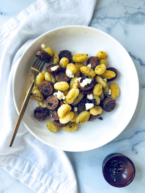 Sheet pan Greek chicken sausage and gnocchi.