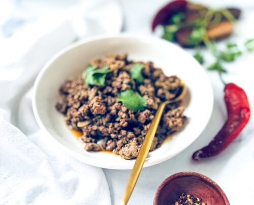 Bowl of Thai basil beef for dinner.