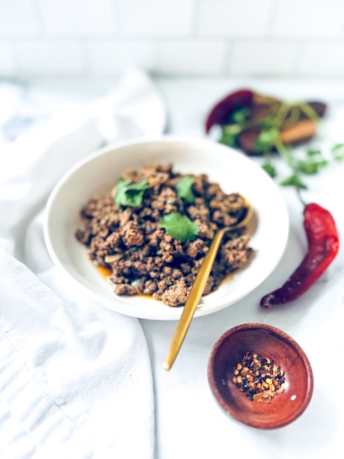 Bowl of Thai basil beef for dinner.