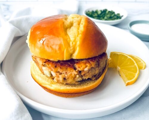 Tuna burger on a brioche roll.