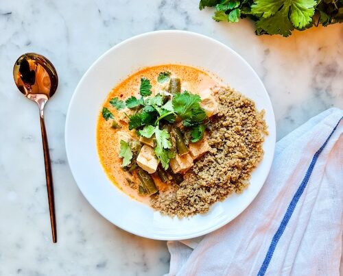 Tofu coconut curry with green beans and quinoa.