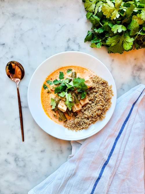 Tofu coconut curry with green beans and quinoa.