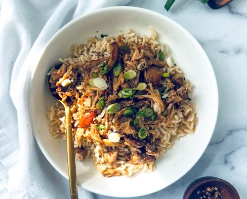 Shredded teriyaki chicken over rice.