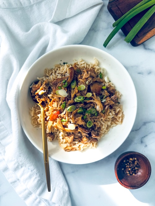Shredded teriyaki chicken over rice.