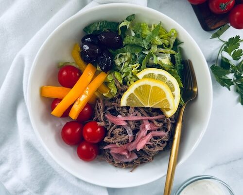 Greek shredded beef bowl for dinner.