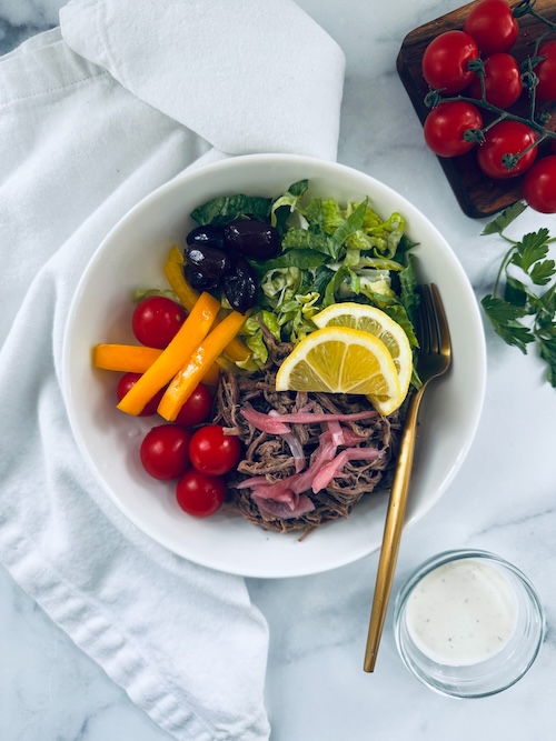 Greek shredded beef bowl for dinner.
