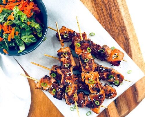 Sesame soy salmon on skewers.