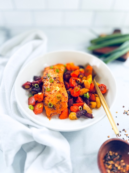 Hot honey glazed salmon with spiced carrots.
