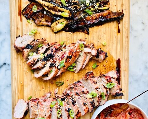 Sliced Korean pork and grilled zucchini.