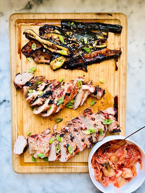 Sliced Korean pork and grilled zucchini.