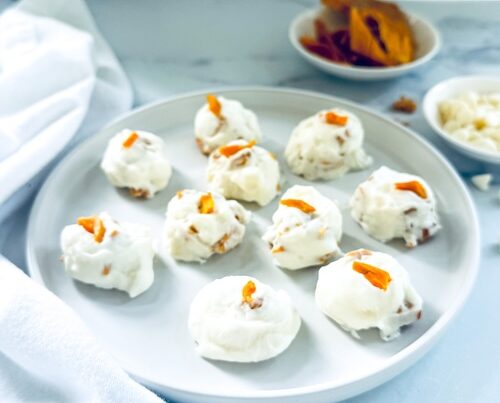 Mango white chocolate protein bites.